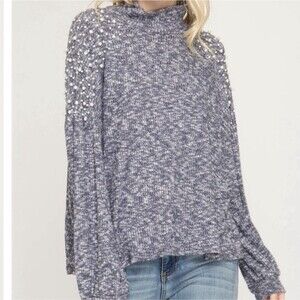 SHE + SKY Women Gray Pearl Shoulder Mock Neck Knit Pullover Sweater Size L